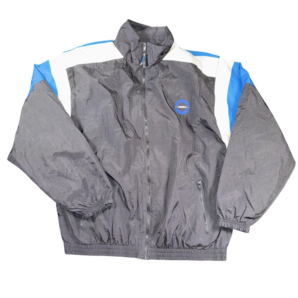 Vintage Perry Ellis America Jacket Mens XL Black Blue Windbreaker Spell Out 90s